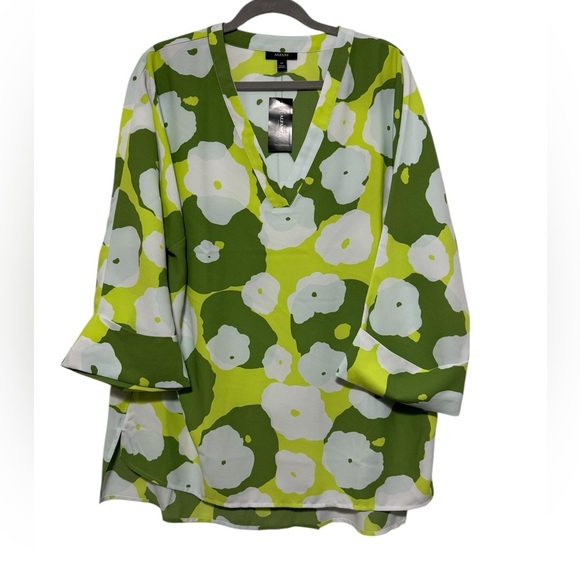 Alfani Womens Plus 0X Green Day Bloom V-neck Long Sleeve Blouse Top Sz 0X - Picture 1 of 8